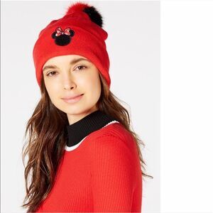 Red Minnie Mouse pom pom beanie